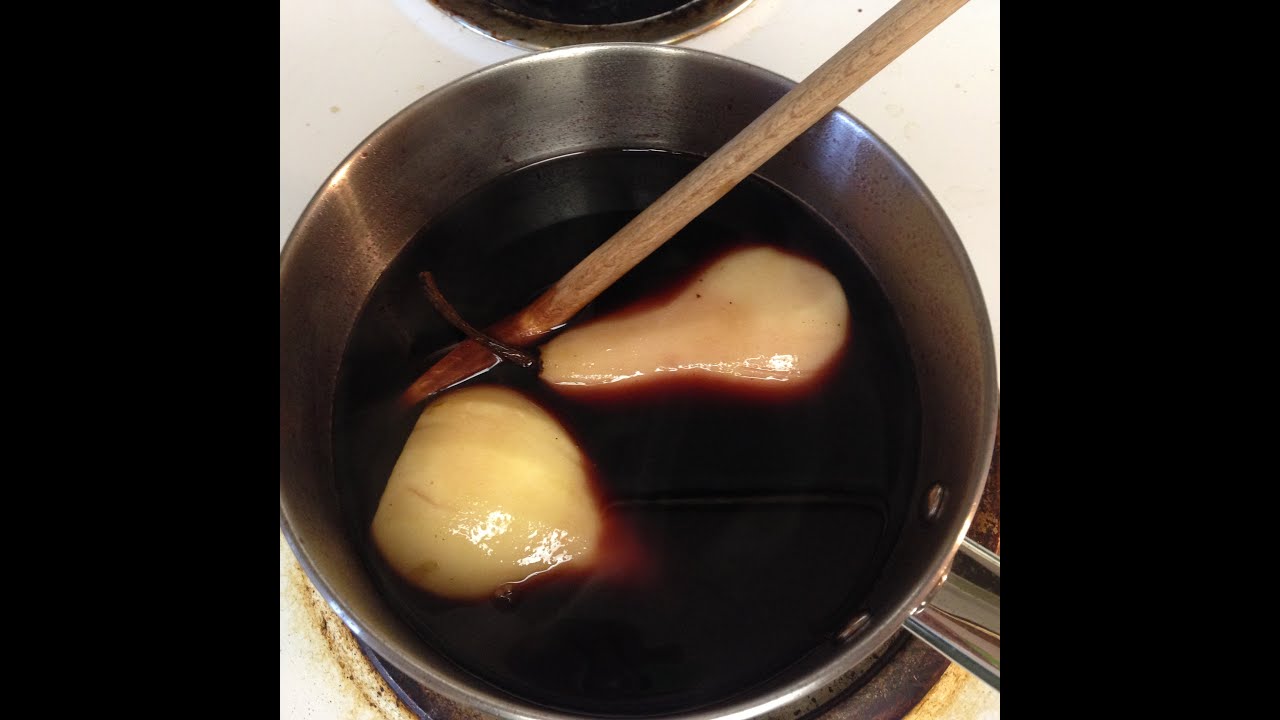 Bosc pears poached in red wine. By Eating Sharp Video #71