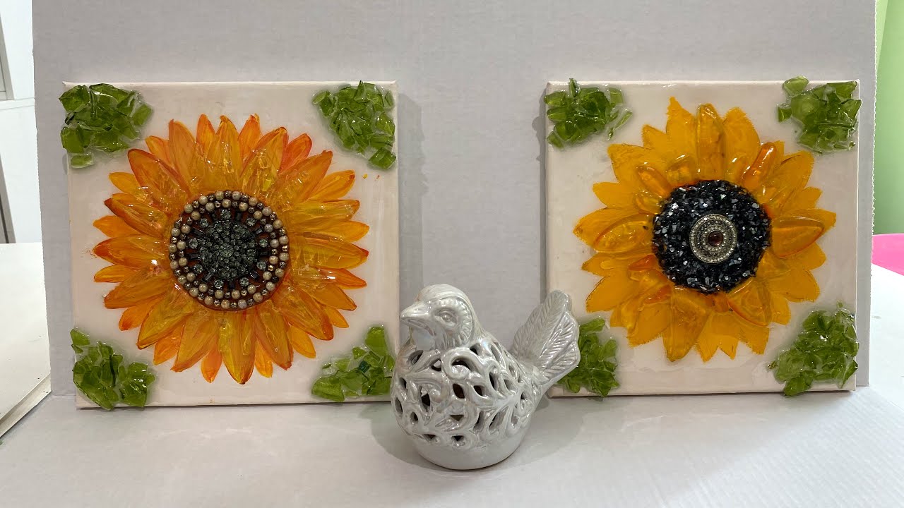# 18 DIY GLASS ART  AND EPOXY RESIN ART SUNFLOWERS ON CANVAS, BROKEN GLASS AND RESIN ART