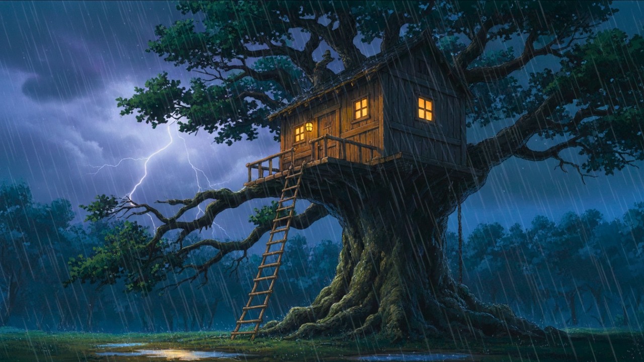 Family Living in Old Tree House In Heavy Storm 🌧️ | Cozy Ghibli Animation