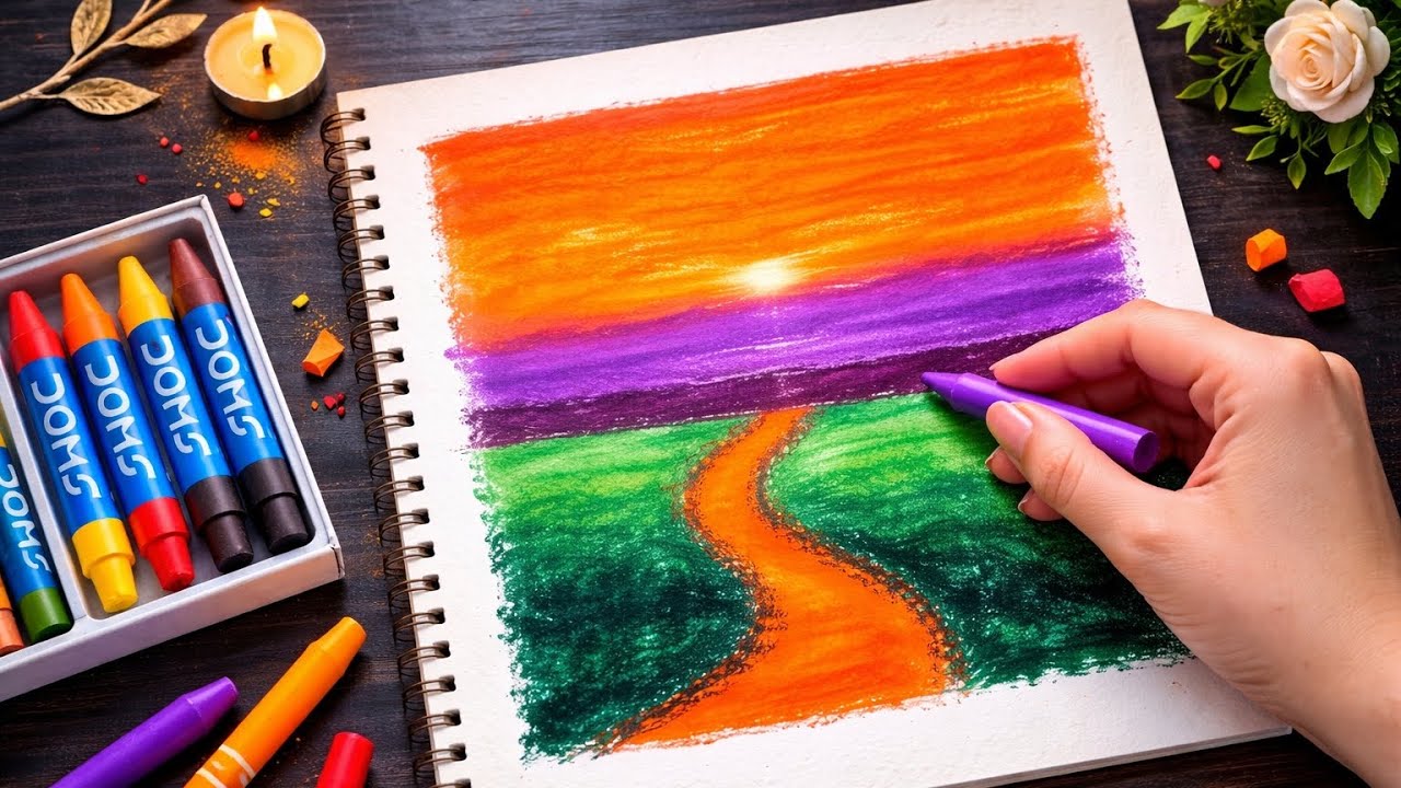 Easy Crayon Landscape Drawing 🌅 | Simple Oil Pastel / Mom Colour Drawing for Beginners #artbypencils