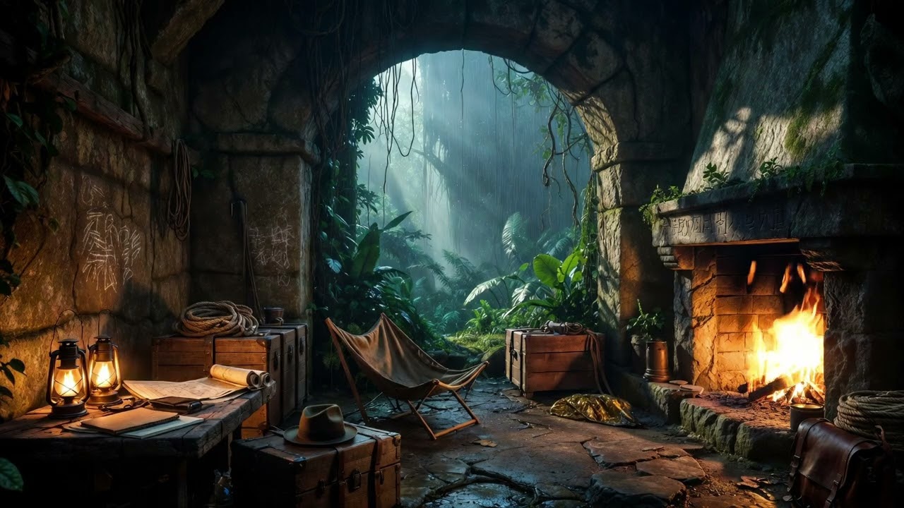 Indiana Jones Hidden Jungle Temple Fireplace | Rainy Adventure Nook Ambience🔥🍃