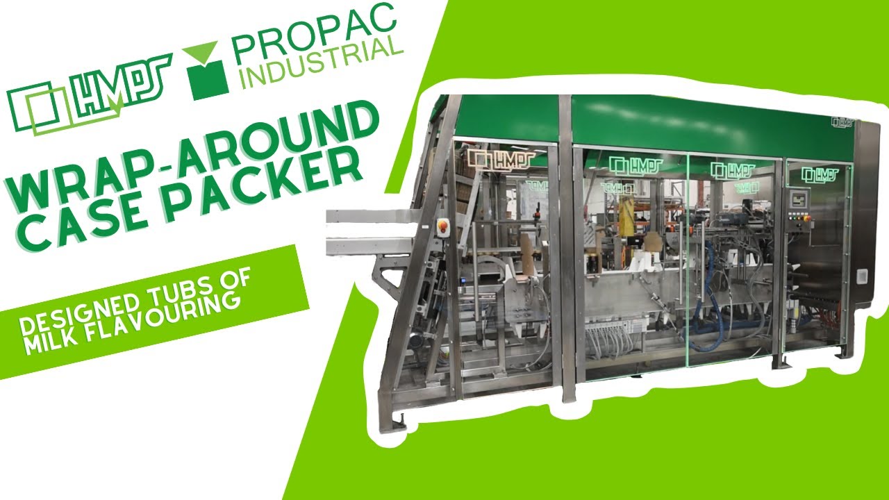 HMPS Wraparound Casepacker Packing Tubs of Milk Flavouring Featuring Unique Fault Finding Doors.