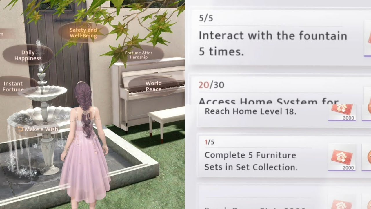 5 Furniture sets & Interact with fountain task Love and Deepspace home system 戀與深空家園系統跟噴泉互動5次和完成家具收藏