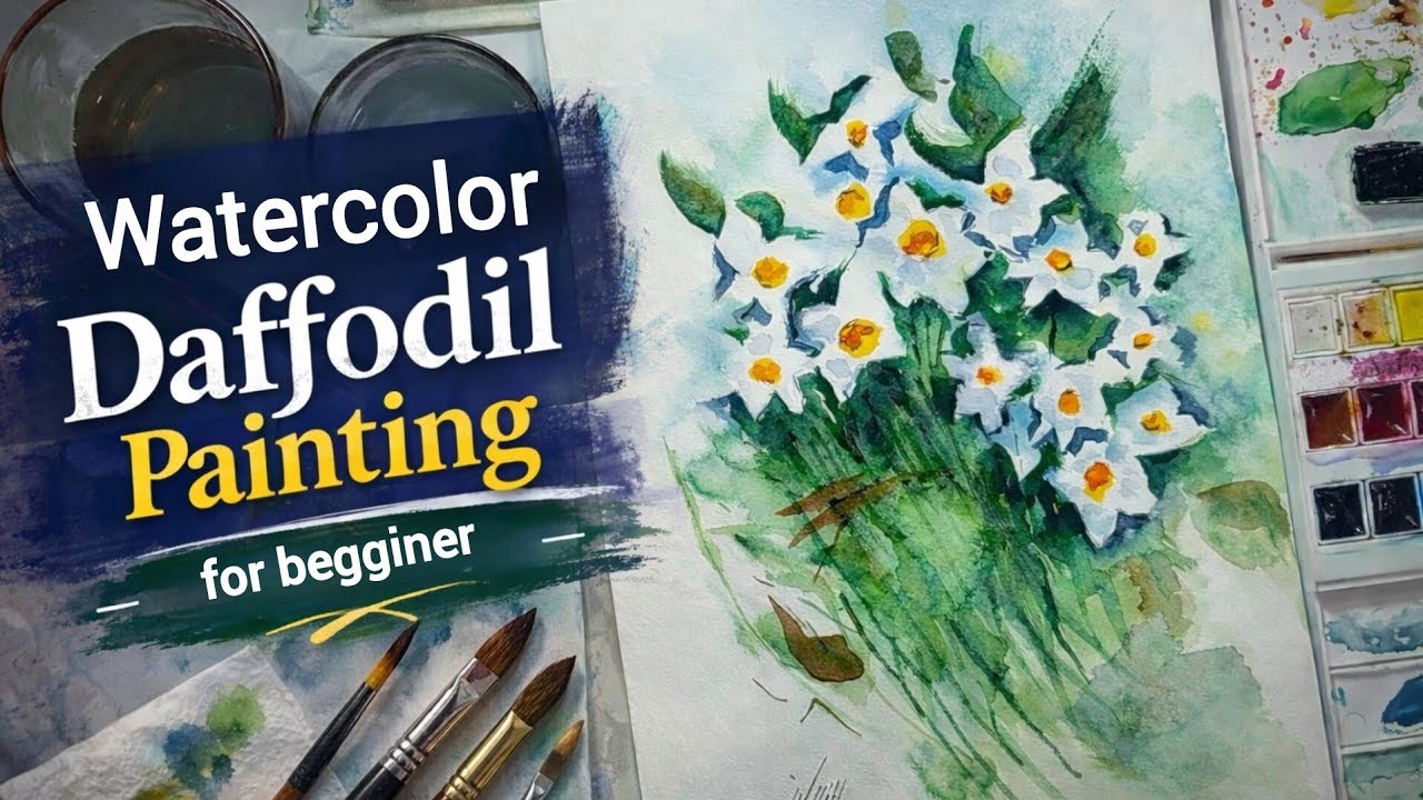 🌿 How to Paint Daffodils with Watercolor(tutorial for begginers) | آموزش نقاشی گل نرگس ساده 