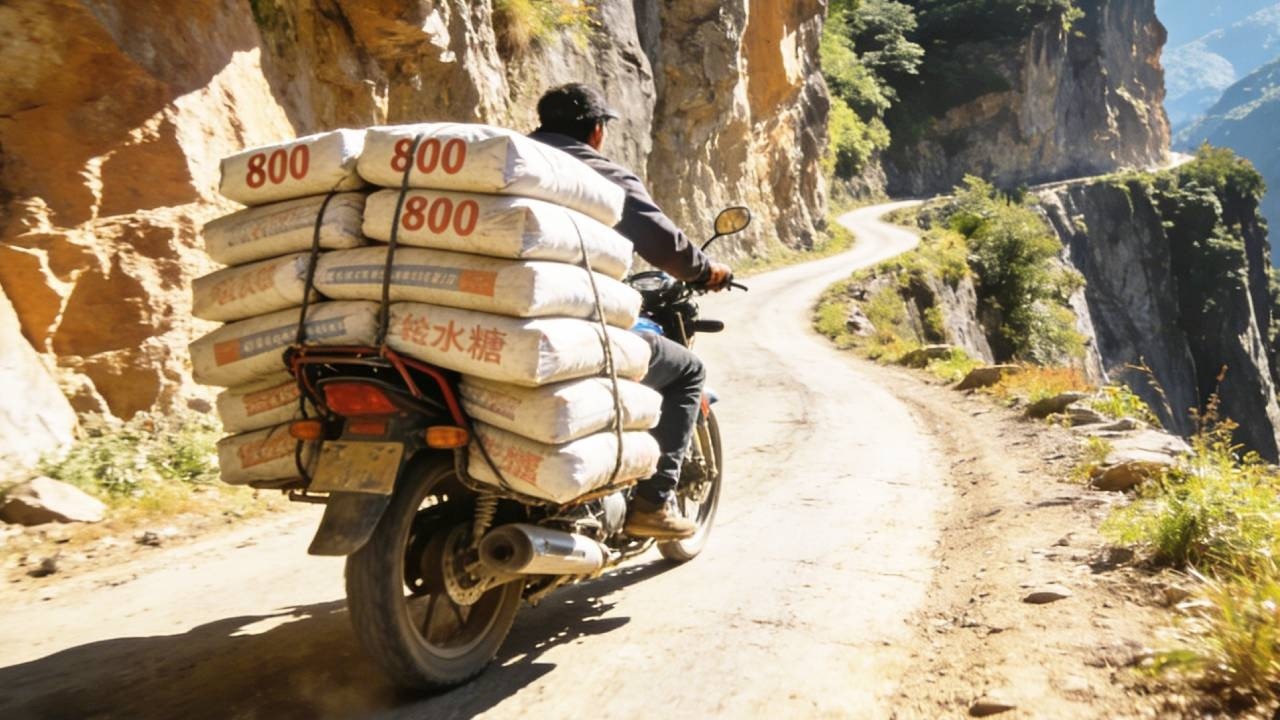 A highly skilled motorcycle driver  8,000 bags of fertilizer along winding, rugged mountain roads.
