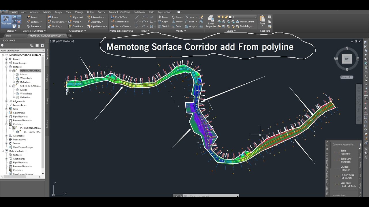 AUTOCAD CIVIL 3D MEMOTONGAN SURFACE CORRIDOR TOP ADD FROM POLYLINE