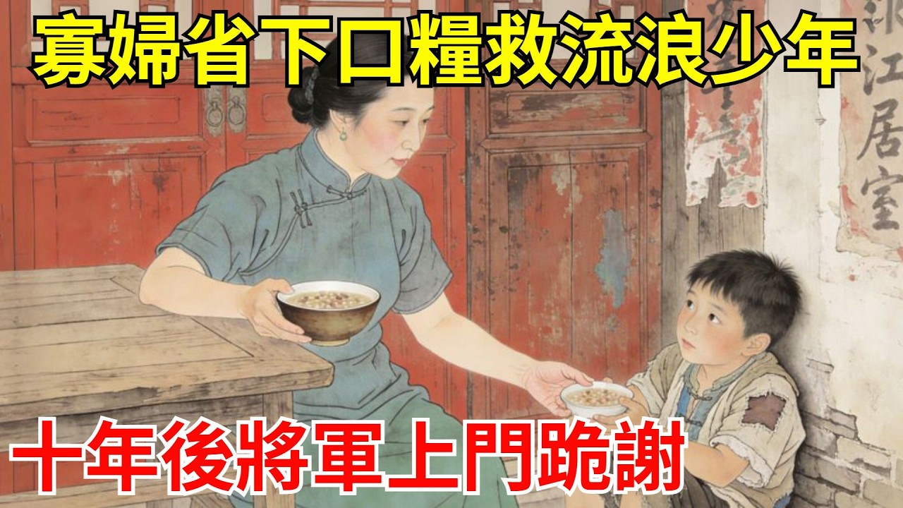 寡婦省下口糧救流浪少年，村民都笑她多管閑事。十年後將軍帶兵叩門：娘，兒帶三千鐵騎，接您住王府！#故事頻道#聽書#民間故事#說書#善有善報#爽文