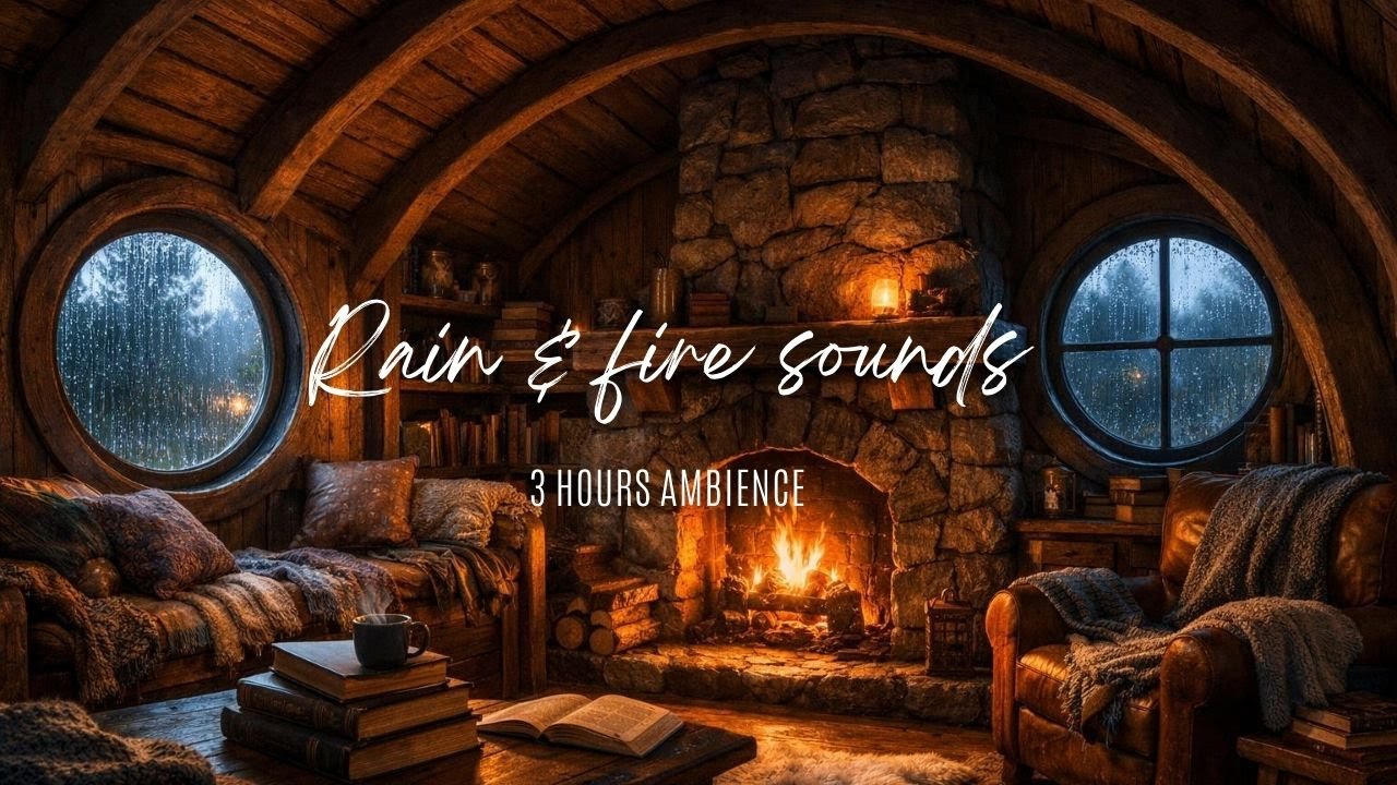 Cozy Cottage Fireplace Ambience 🔥 Rain & Crackling Fire Sounds | 3 Hours