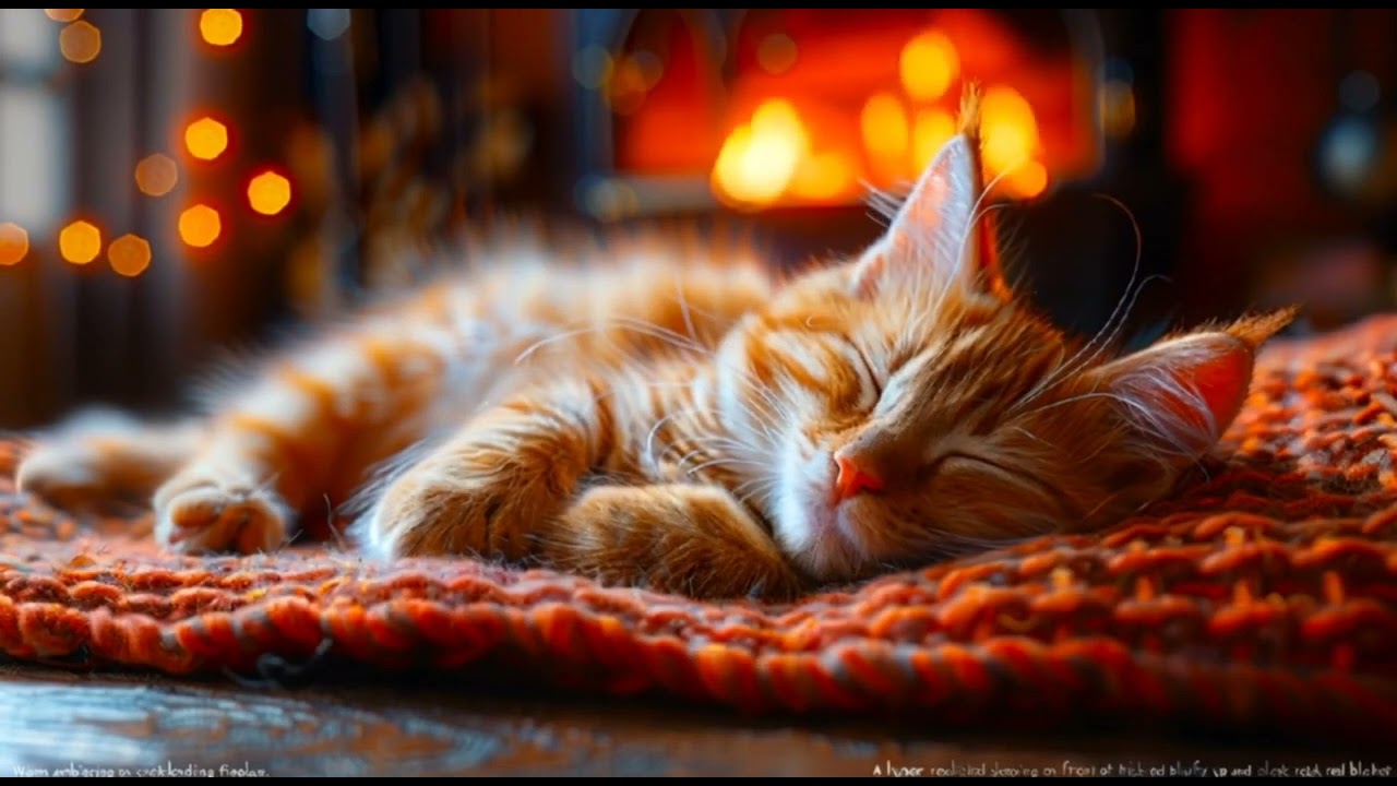 Title:  Fluffy Ginger Cat by the Fireplace — Purring & Cozy Relaxation