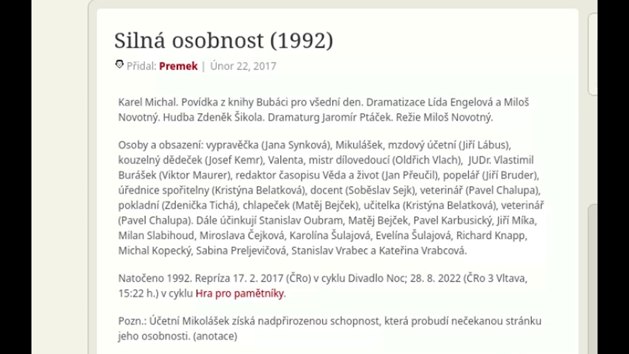 Silná osobnost - Povídka, Karel Michal, hrají:  Jiří Lábus, Josef Kemr, Jan Přeučil a další