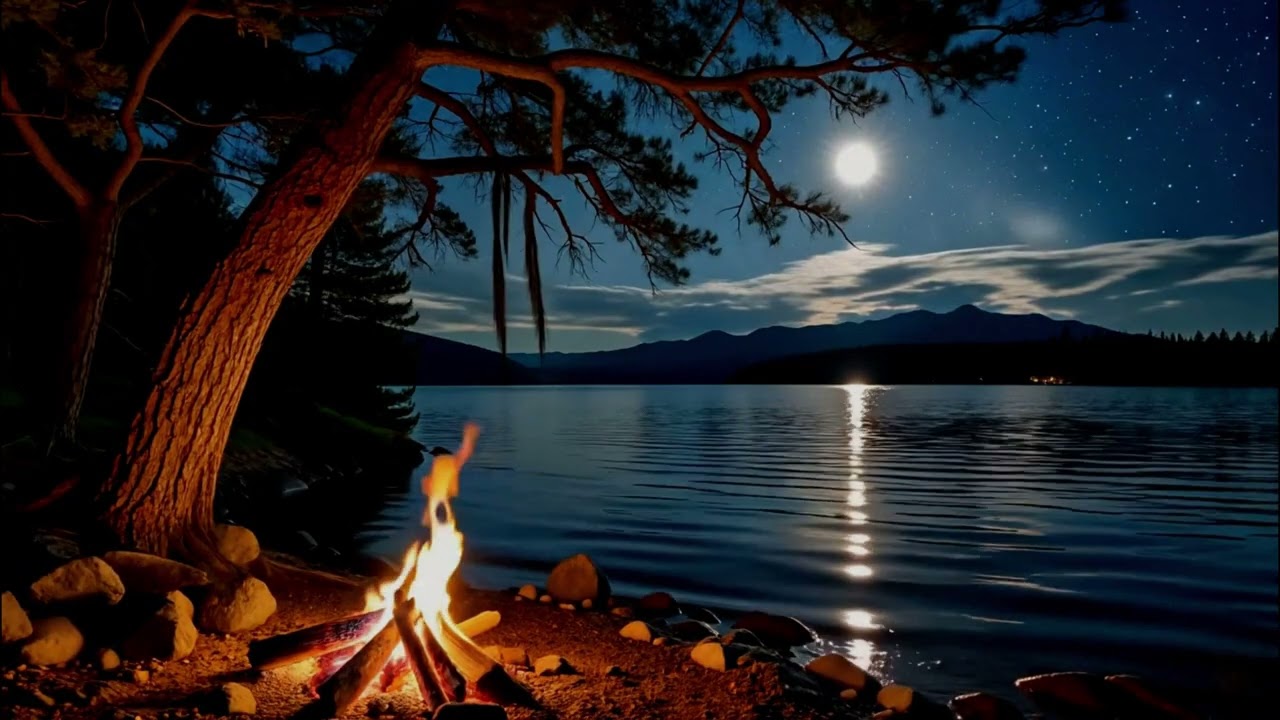 Calming Night Campfire by the Lake with Warm Fire Sounds for Restful Sleep