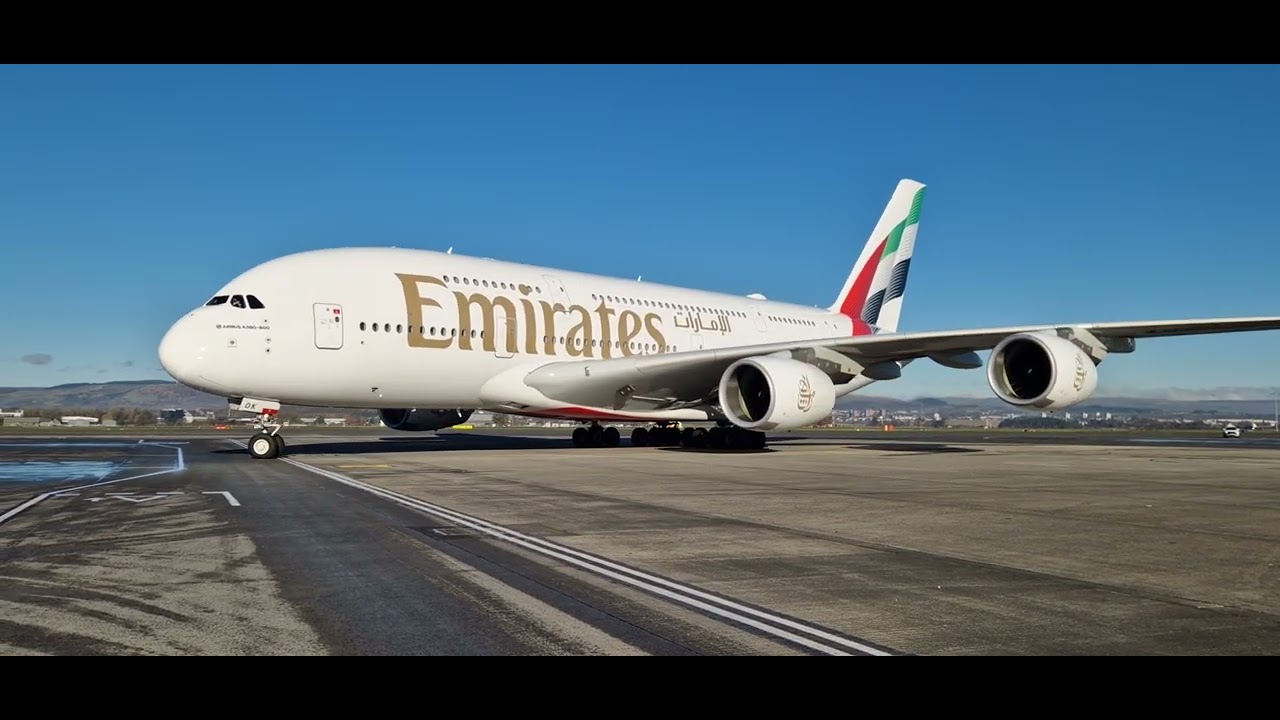 Emirates A380 at Glasgow Airport approaching stand 30....12/11/2023