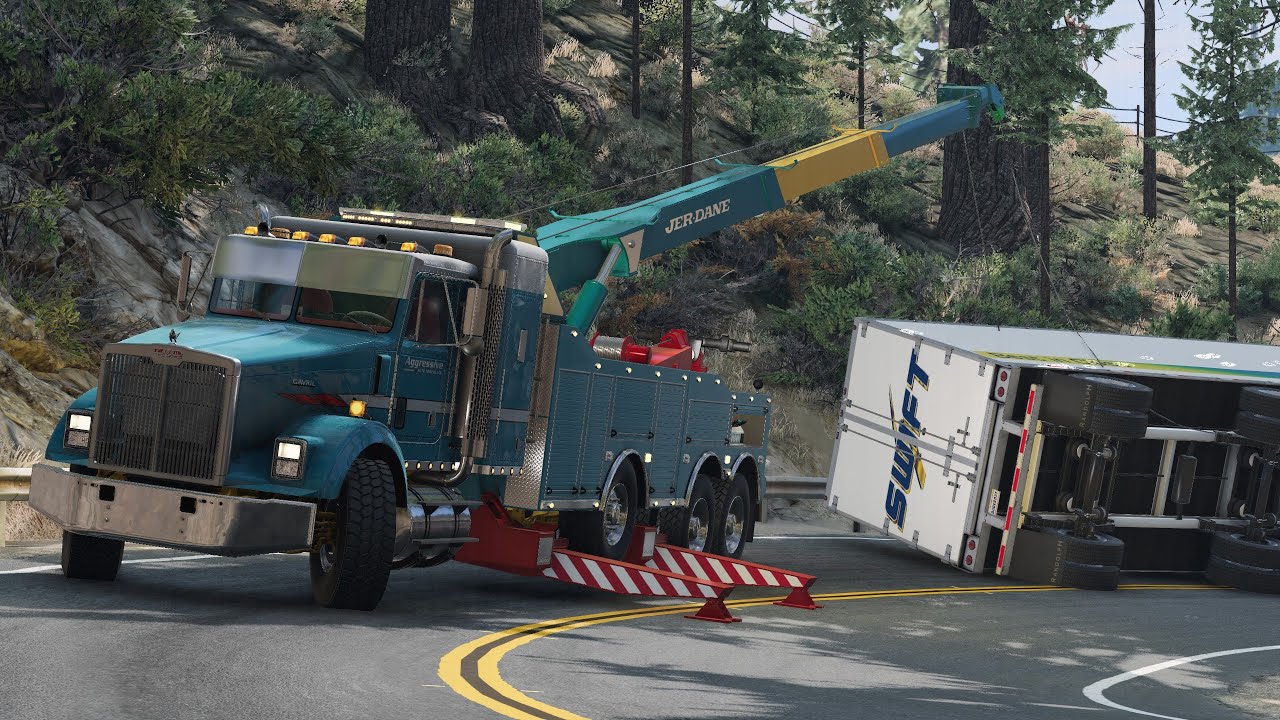 BeamNG  \  Aggressive rotator helps Mission towing flip a loaded swift truck