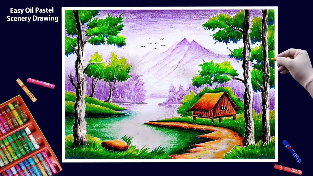 Beautiful Scenery Drawing with Oil Pastels-Step by Step