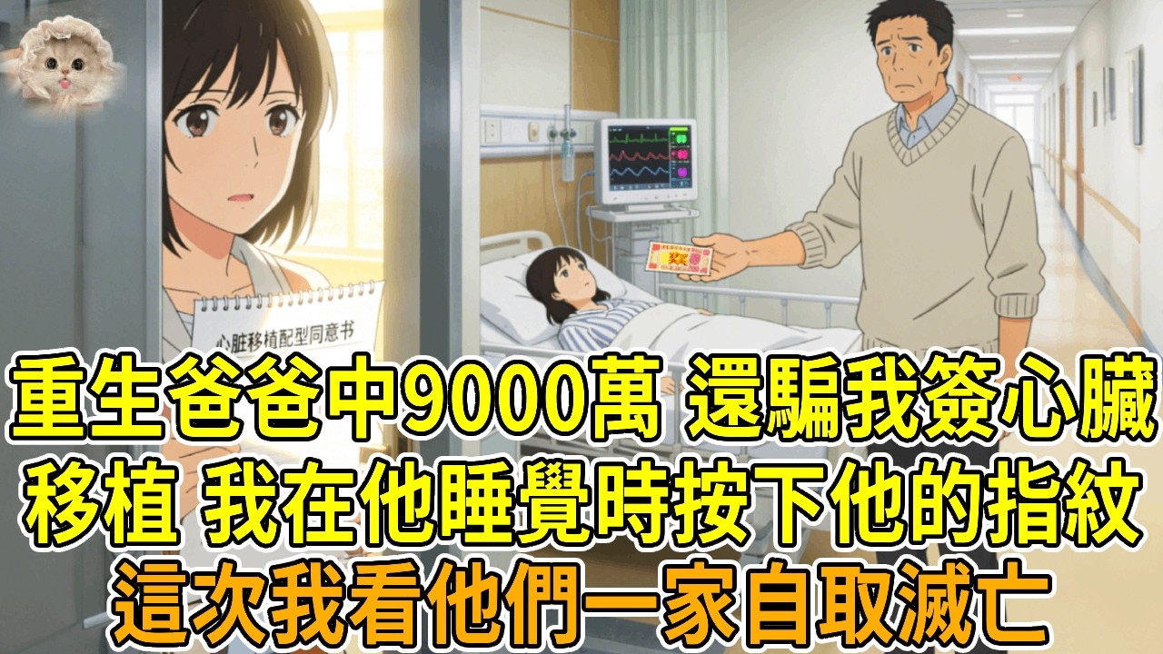 上一世，我爸彩票中了9000萬，卻騙我媽說生意虧本，離婚娶了我小姨，一分錢補償都沒給我們。我爸和小姨生的女兒得了心臟病，他理直氣壯要求我給他女兒捐心臟。我不願意，他就僱人綁架我，那時我媽早已患肺癌去世