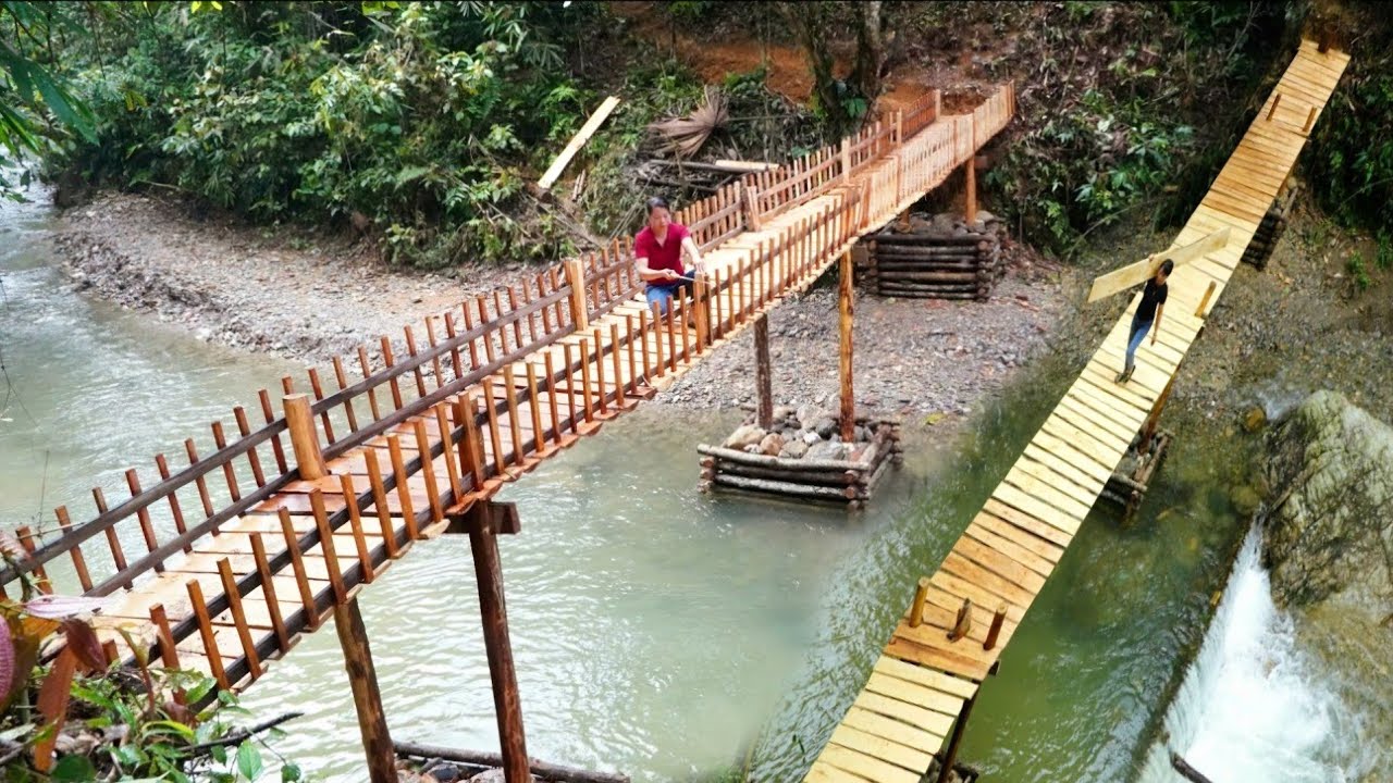 The woman built a wooden bridge across the stream alone from start to finish
