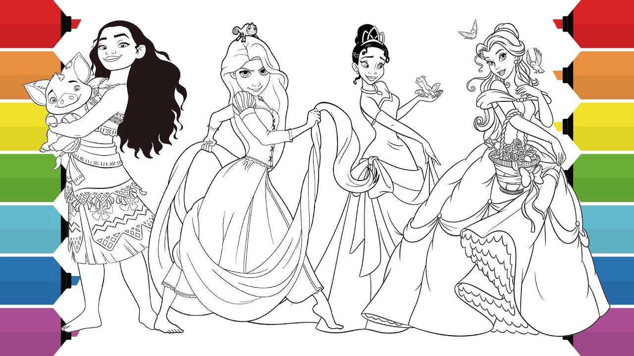 Disney Princess Coloring Book Compilation | Tiana Rapunzel Belle Moana