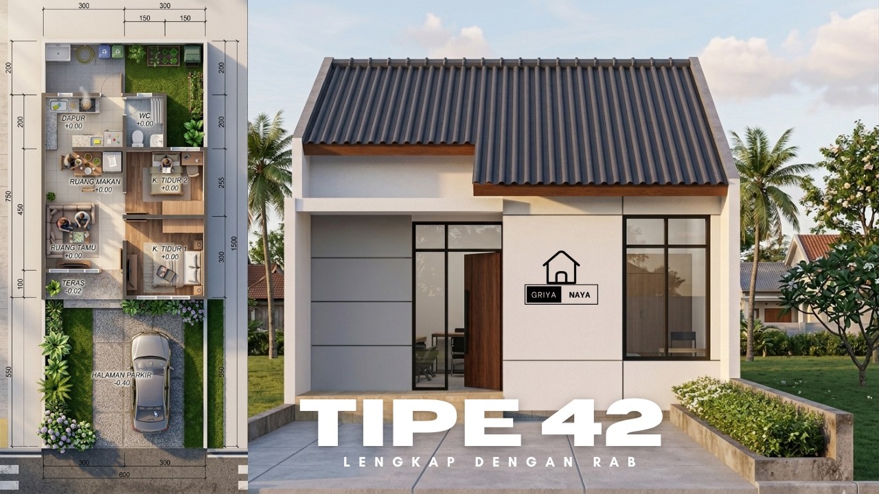RUMAH MINIMALIS MODERN | TIPE 42 DENGAN 2 KAMAR TIDUR LENGKAP DENGAN RAB | BANGUN RUMAH