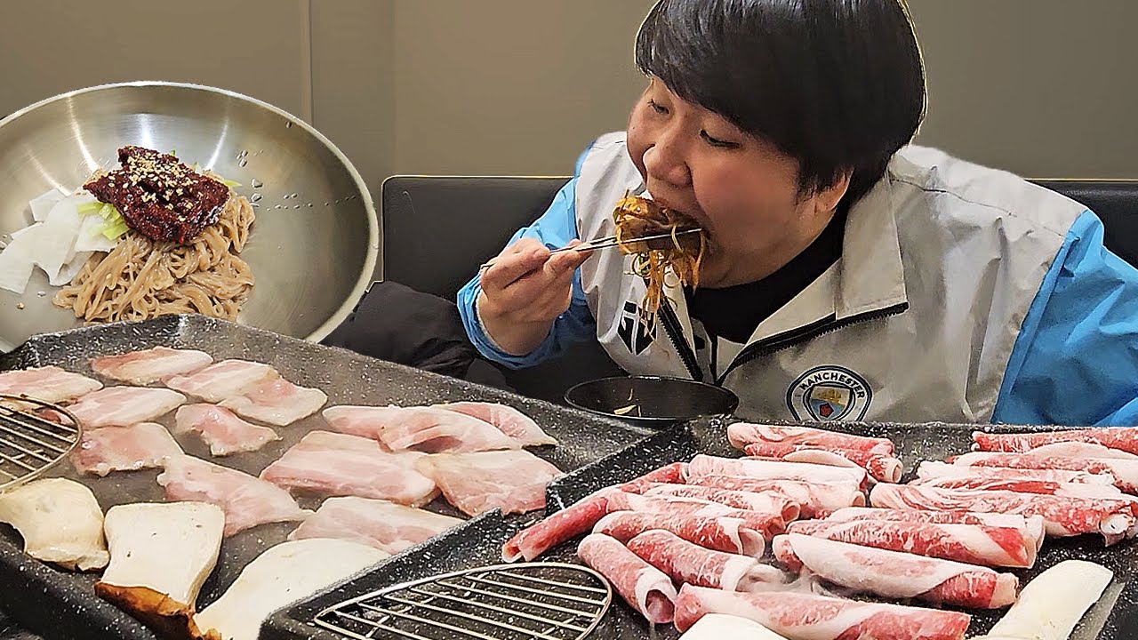 24시간 굶고 냉동삼겹살에 한우 차돌박이에 냉면,볶음밥까지 싹다 먹방!! [ Beef,Pork Mukbang ]