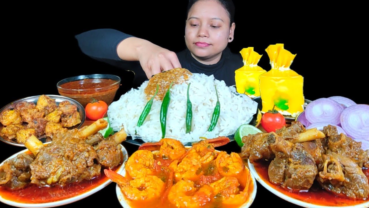 Spicy Mutton Curry Dhaba Style, Chicken Diamond, Prawns Curry & Rice | asmr eating | mukbang
