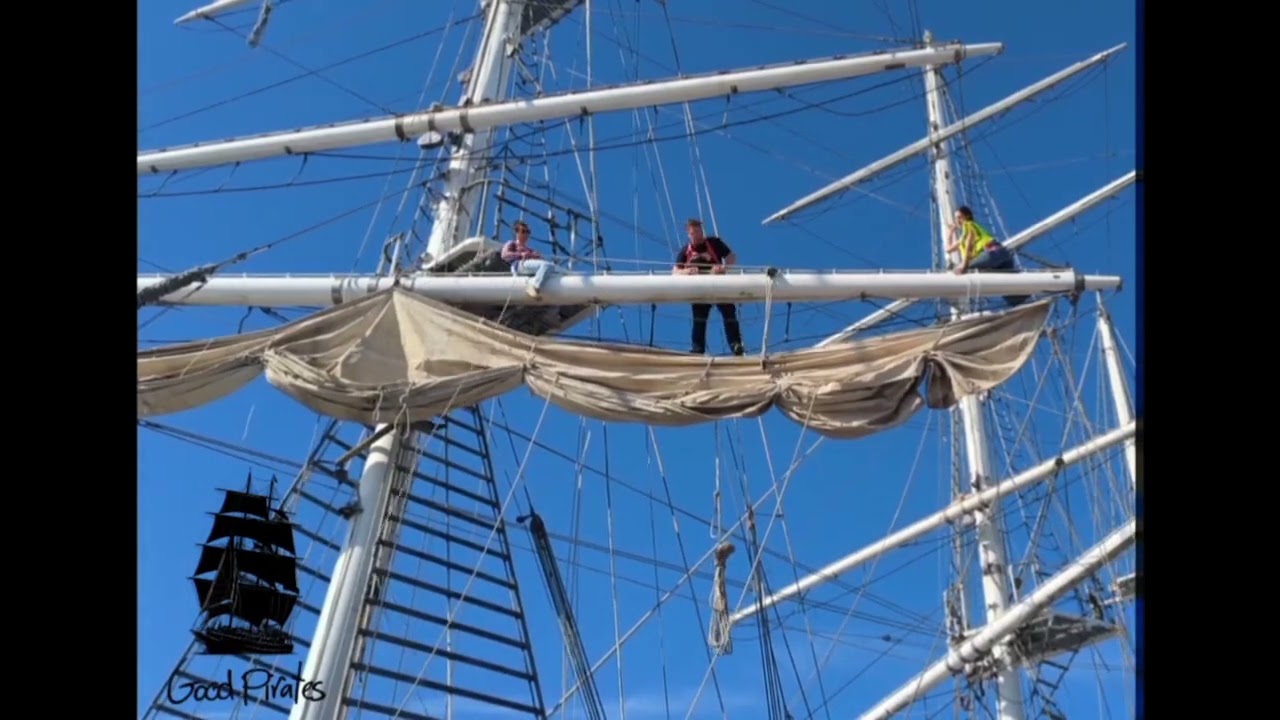 Hauling up the spanker and the fore course on tall ship Lord Nelson 