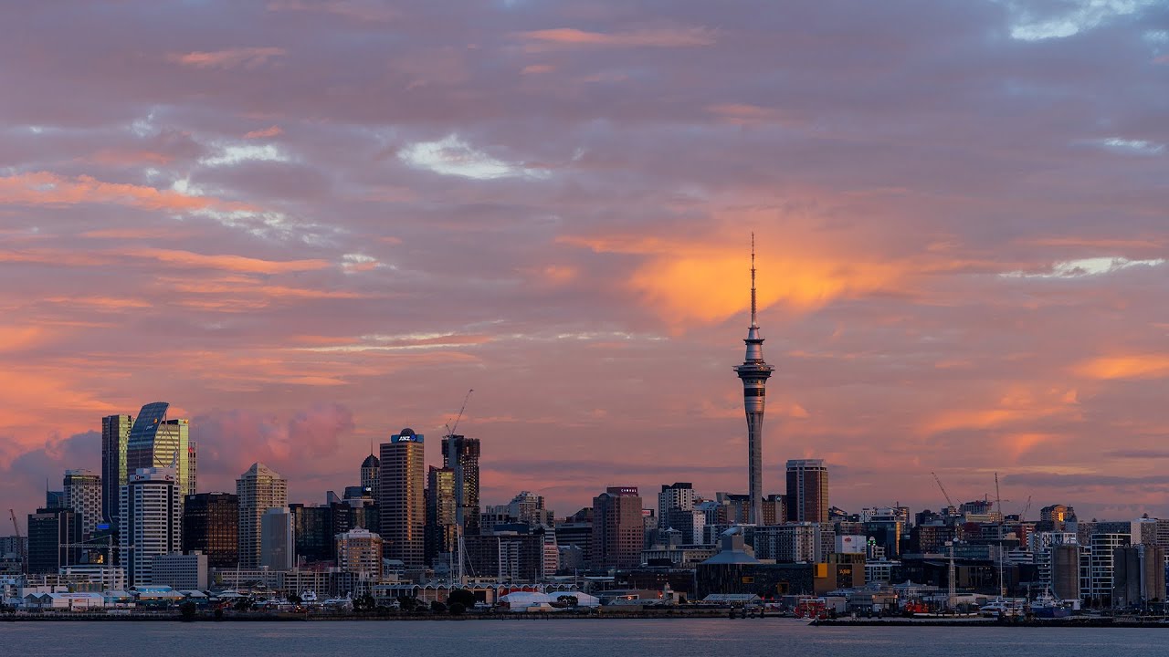 New Zealand North Island Auckland City Skyline Day to Night 4K Timelapse Clip