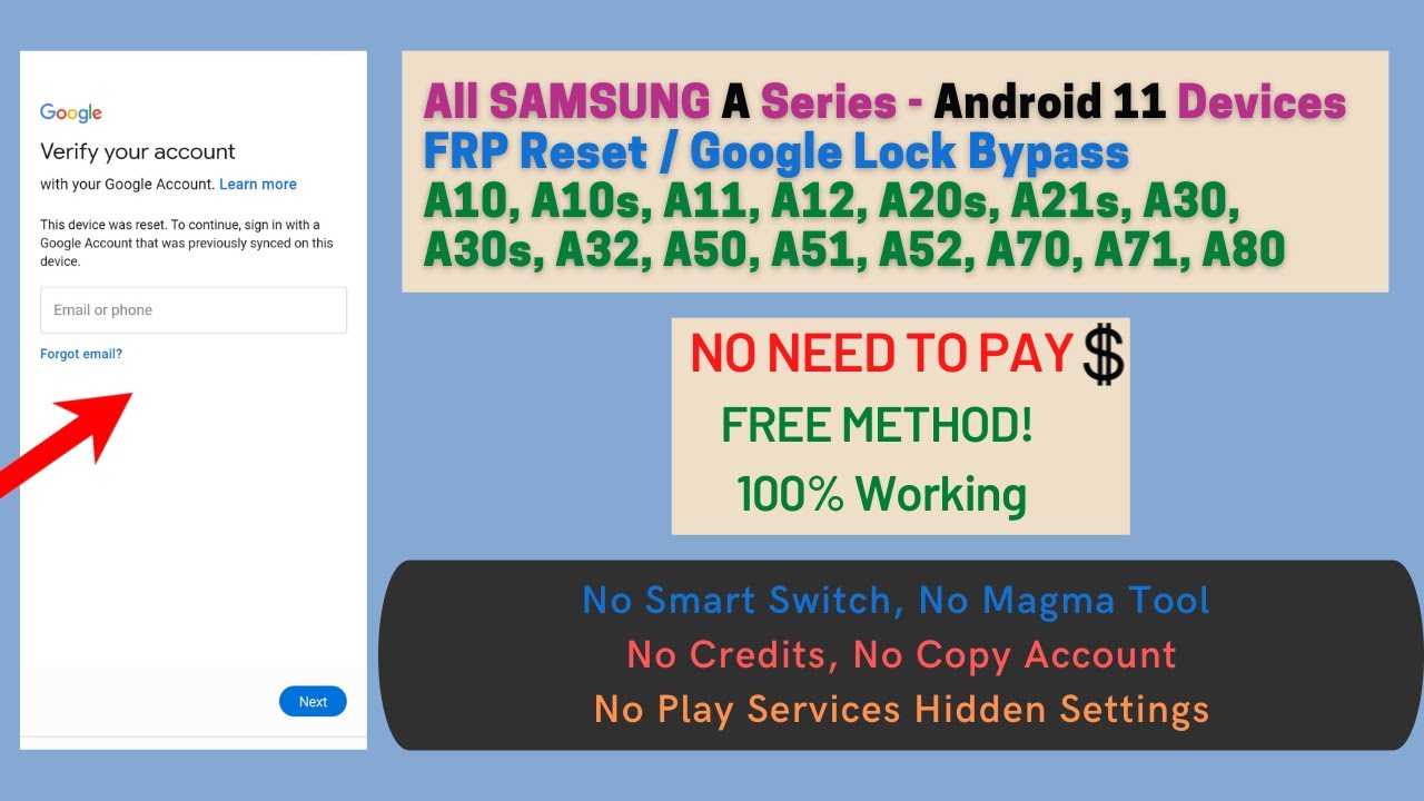 FRP All Galaxy Android 11 - A10s/A20s/A21s/A30s/A50/A51/A70/A80 - No Smart Switch - No Copy Account!