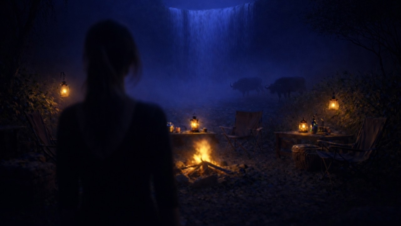 African Waterfall Night Ambience 🌙 Campfire & Distant Buffalo | Deep Sleep Sounds of the Safari