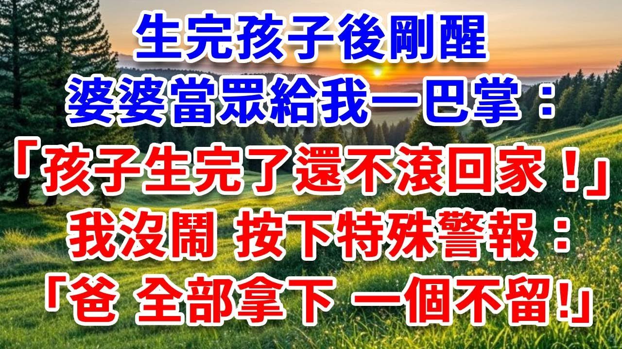 生完孩子後剛醒，婆婆當眾給我一巴掌：孩子生完了還不滾回家！1天1萬的產房妳也配住？我沒鬧，按下特殊警報：爸，全部拿下，一個不留！#詩涵講故事#為人處世#生活經驗#情感故事#晚年哲理#說故事#原創故事