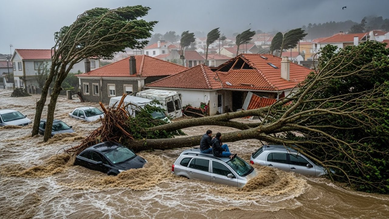 Chaos in Portugal Today! Giant Storm Krtistine Destroying Homes, Cars in Coimbra