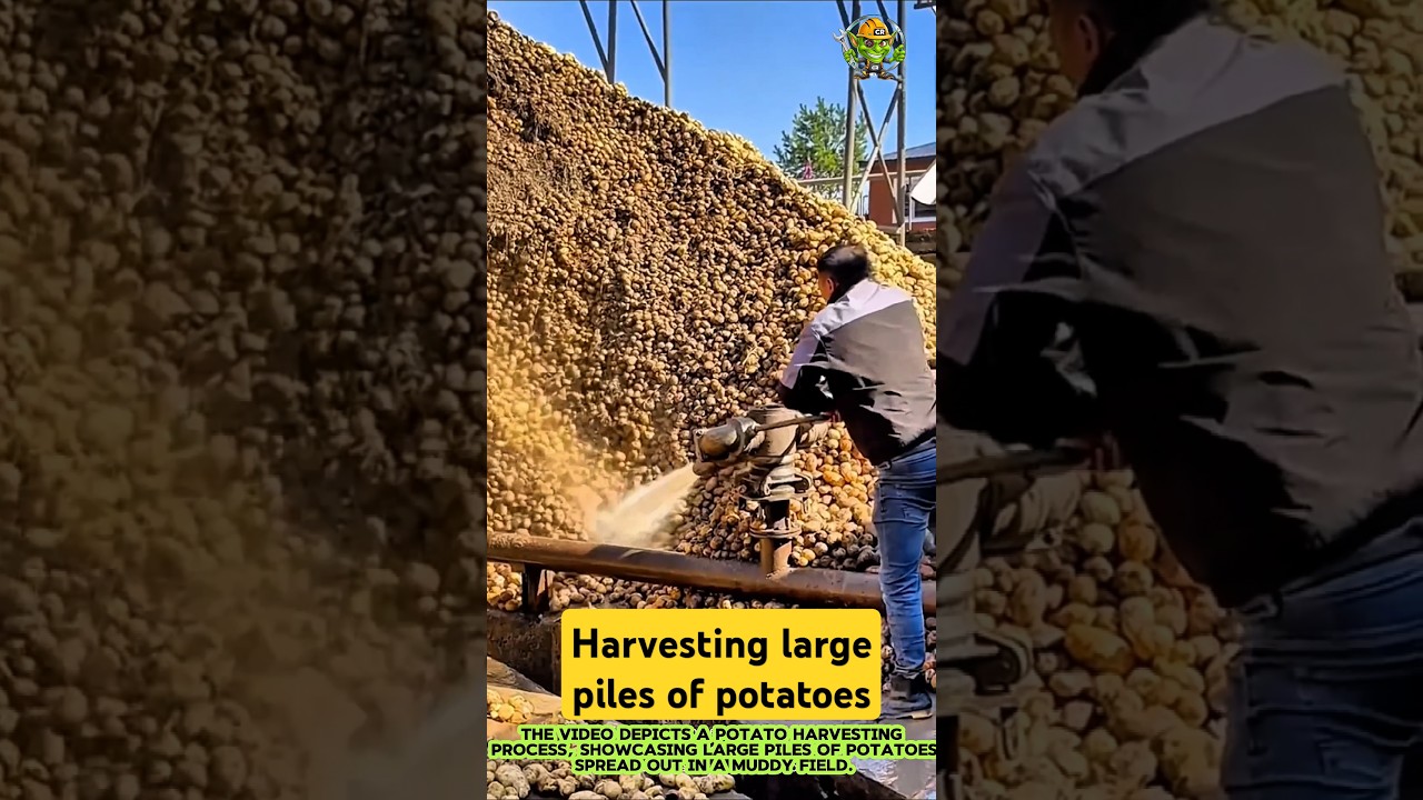 Harvesting large piles of potatoes spread out in a muddy field