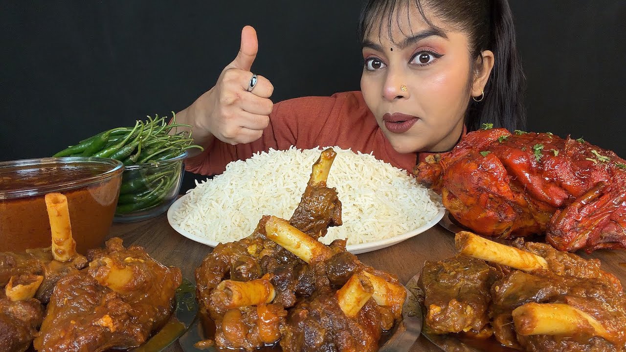 EATING SPICY MUTTON CURRY, WHOLE CHICKEN CURRY, AND RICE WITH GREEN CHILLI | MUKBANG | BIG BITES