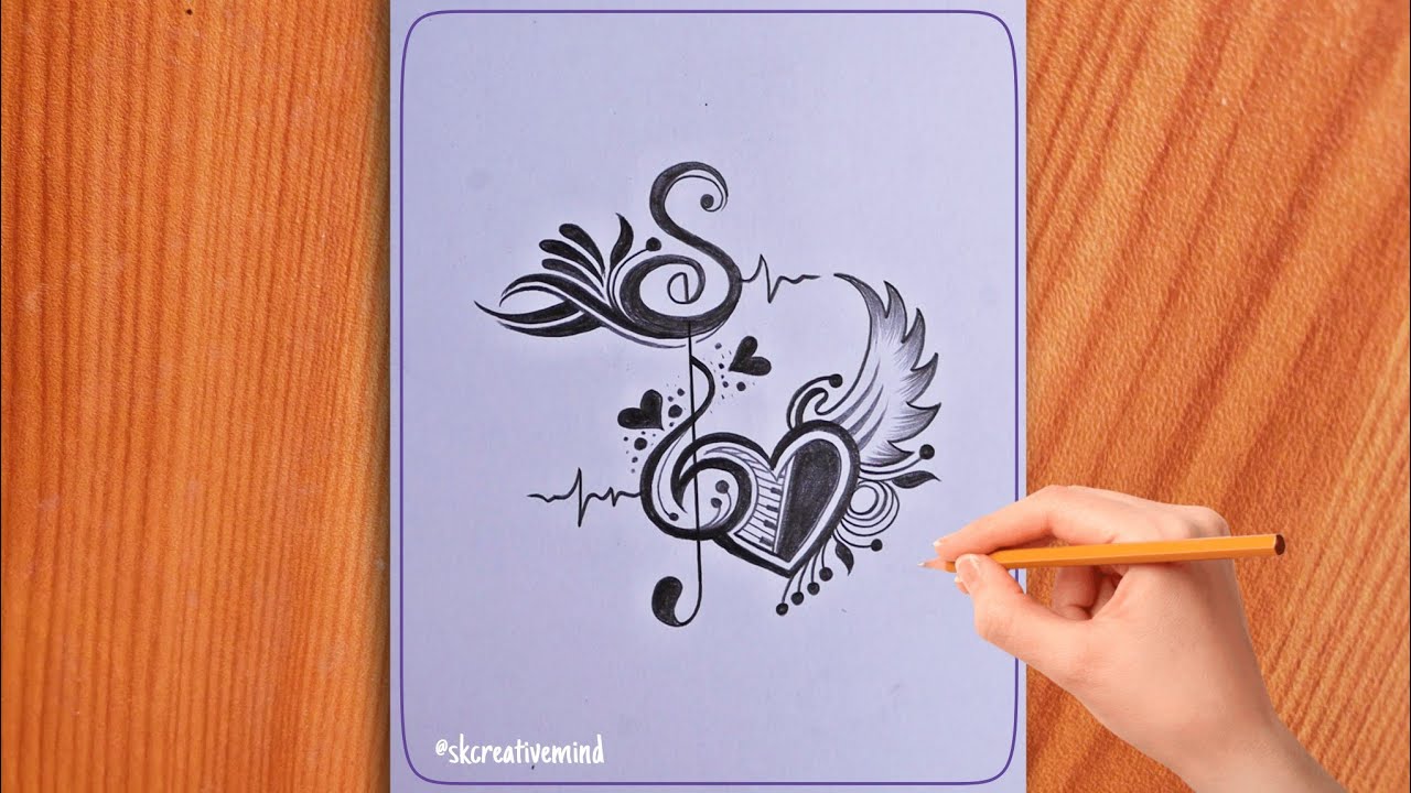simple S letter drawing with music simbol & flying heart || best s letter drawing with pencil