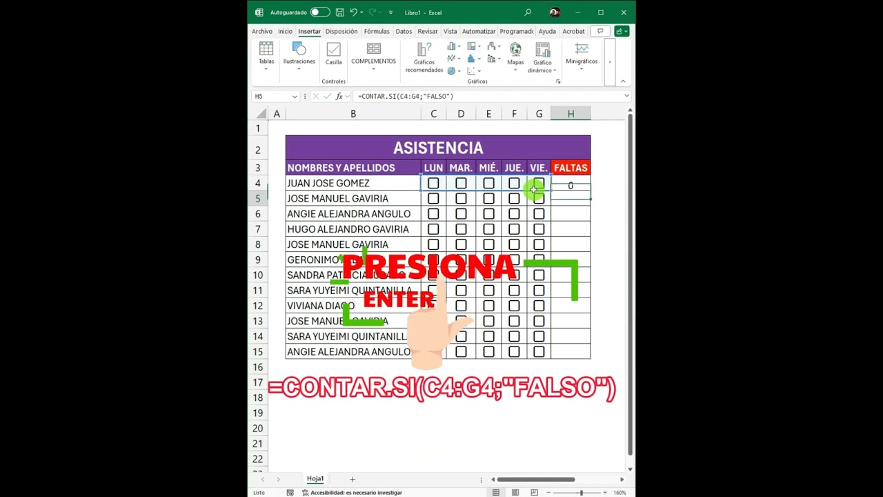 CONTROL DE ASISTENCIA CON CASILLAS Y LA FUNCI&Oacute;N CONTAR SI DE EXCEL
