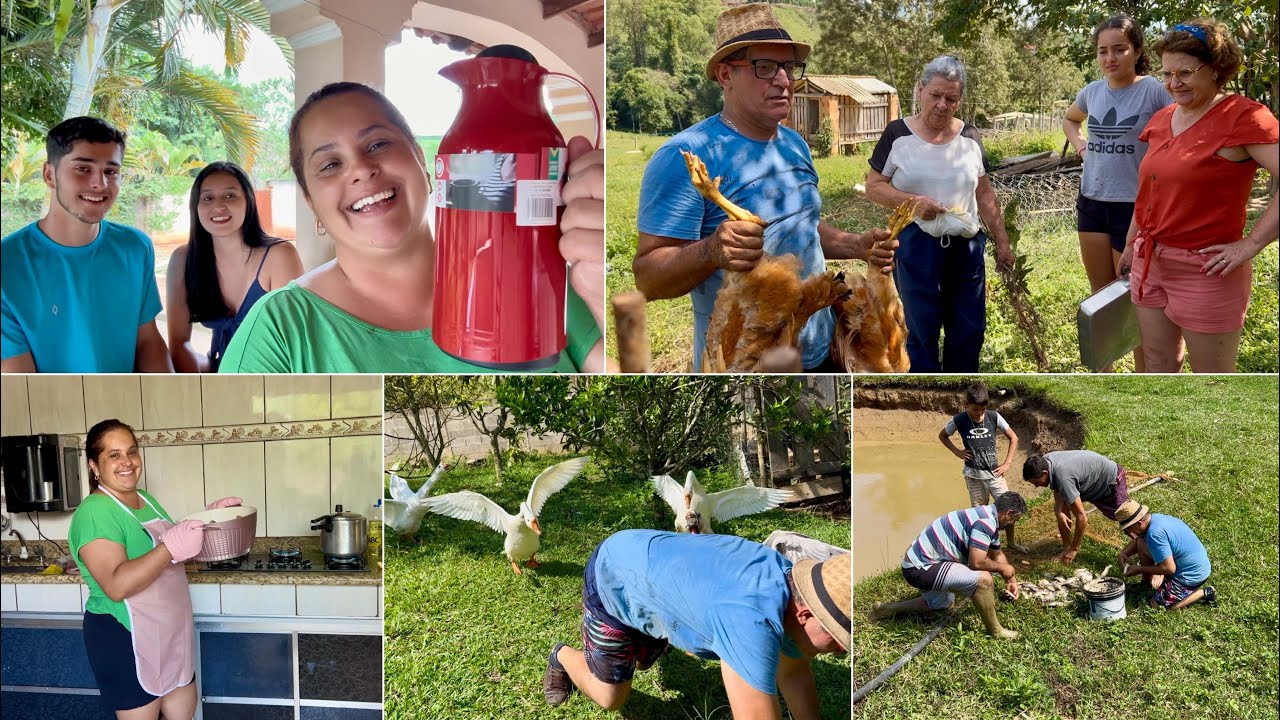 DOMINGÃO na ROÇA/ Frango Caipirão pro Almoço+ tiramos todos os peixes do açude+ presente 🎁