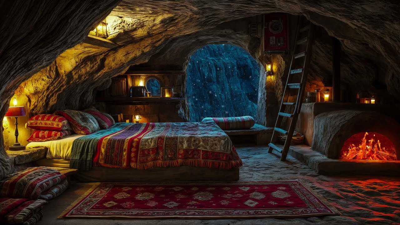 Cozy Cave Bedroom Ambience | Crackling Fireplace & Gentle Night Wind | Relax & Sleep Sounds