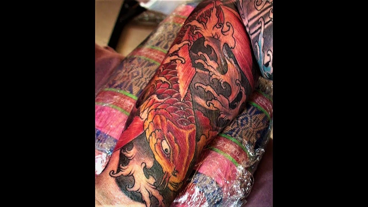 Epic Thailand Best Detailed Sleeve Tattoo Ocean Waves Koi's Shading Colors Style