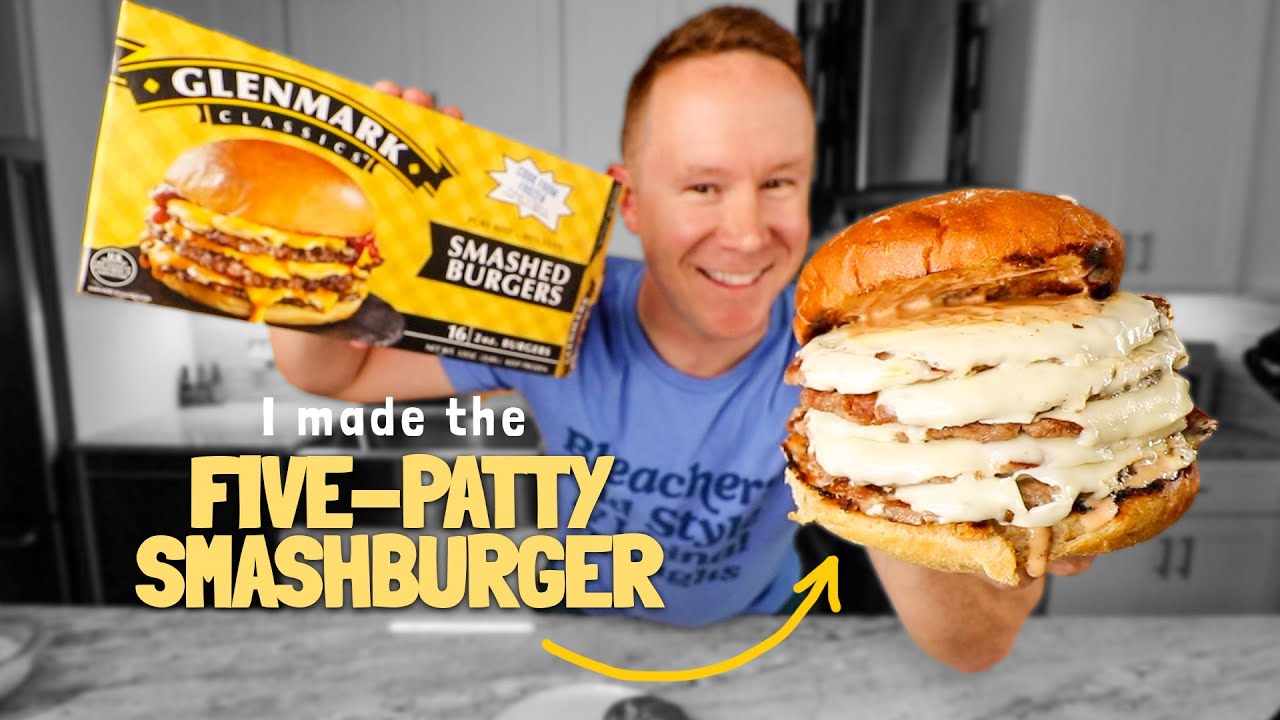 Grilling the frozen Glenmark Smashburger with five patties 👀🍔