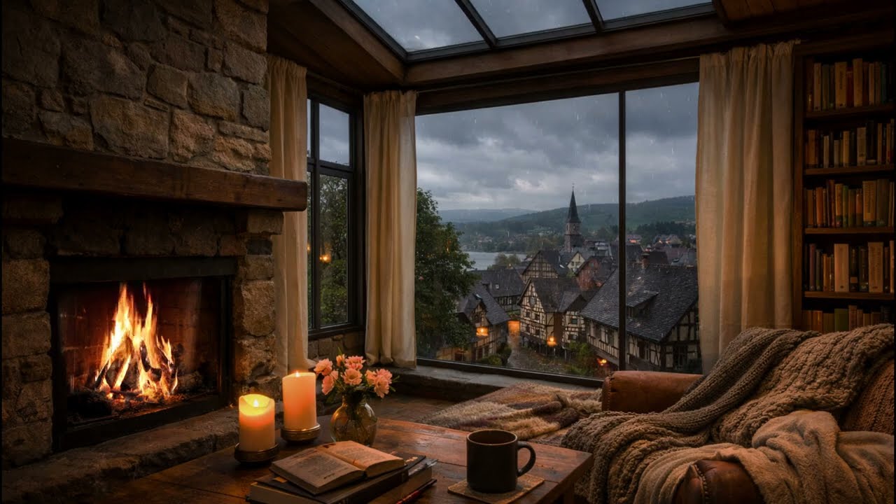 Cozy Rainy Fireplace Ambience | 2 Hours Rain & Fire Sounds for Reading, Study, Relaxation & Focus