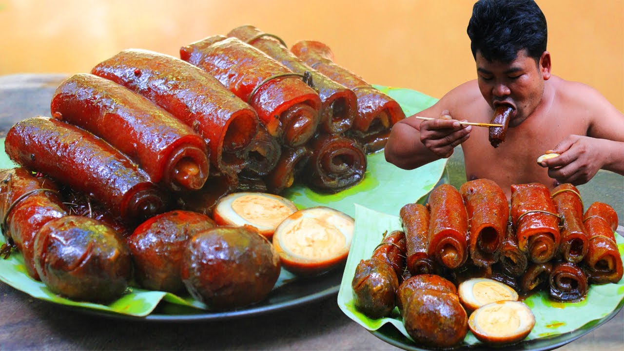 Braised Pork Skin Recipe - Cooking Pig Skin eating so hot delicious