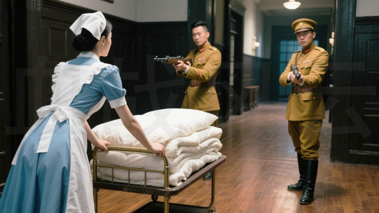 Female agent disguised as a waitress draws a gun and kills a group of Japanese soldiers.