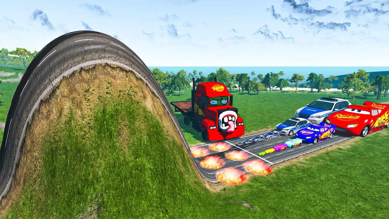 Big & Small McQueen & Police Car vs Zombie Mack, Giant Bulge & Lava Pit Downhill Race – BeamNG.drive