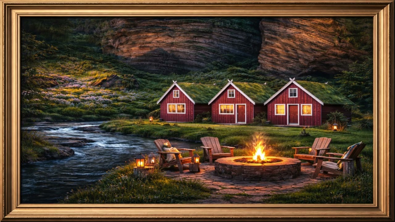 Cozy Riverside Cabins & Campfire Glow 🔥 | Peaceful Nature Escape | Relaxing Wall Art 4K