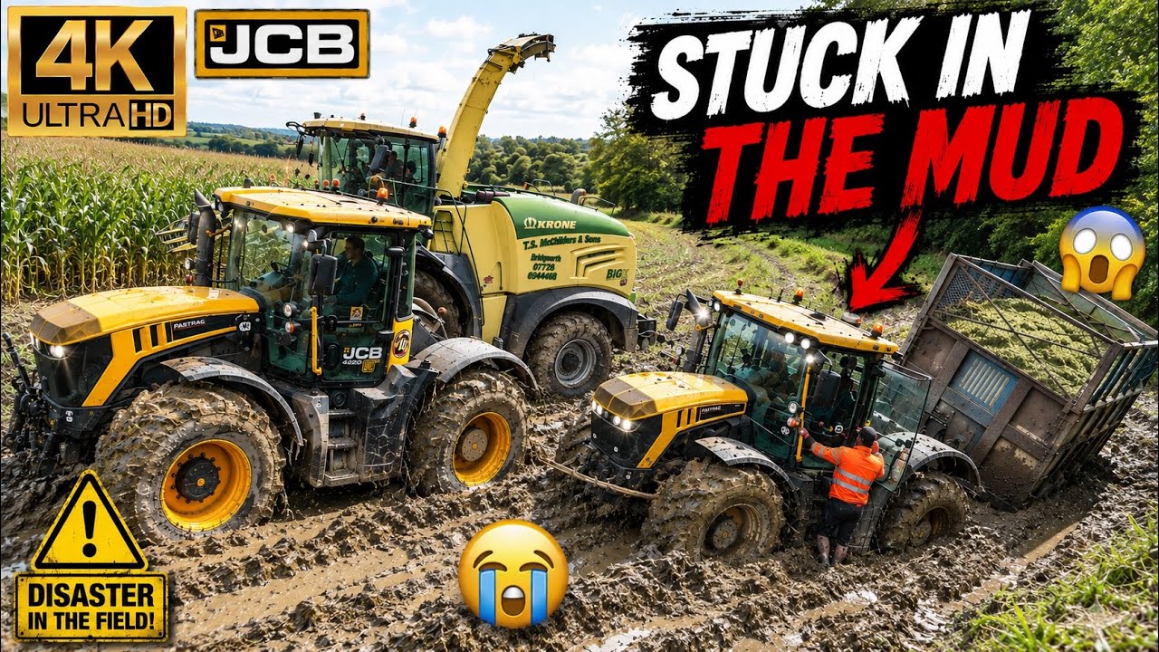 Monster JCB TRACTOR STUCK IN THE MUD RESCUED BY THE TEAM KRONE