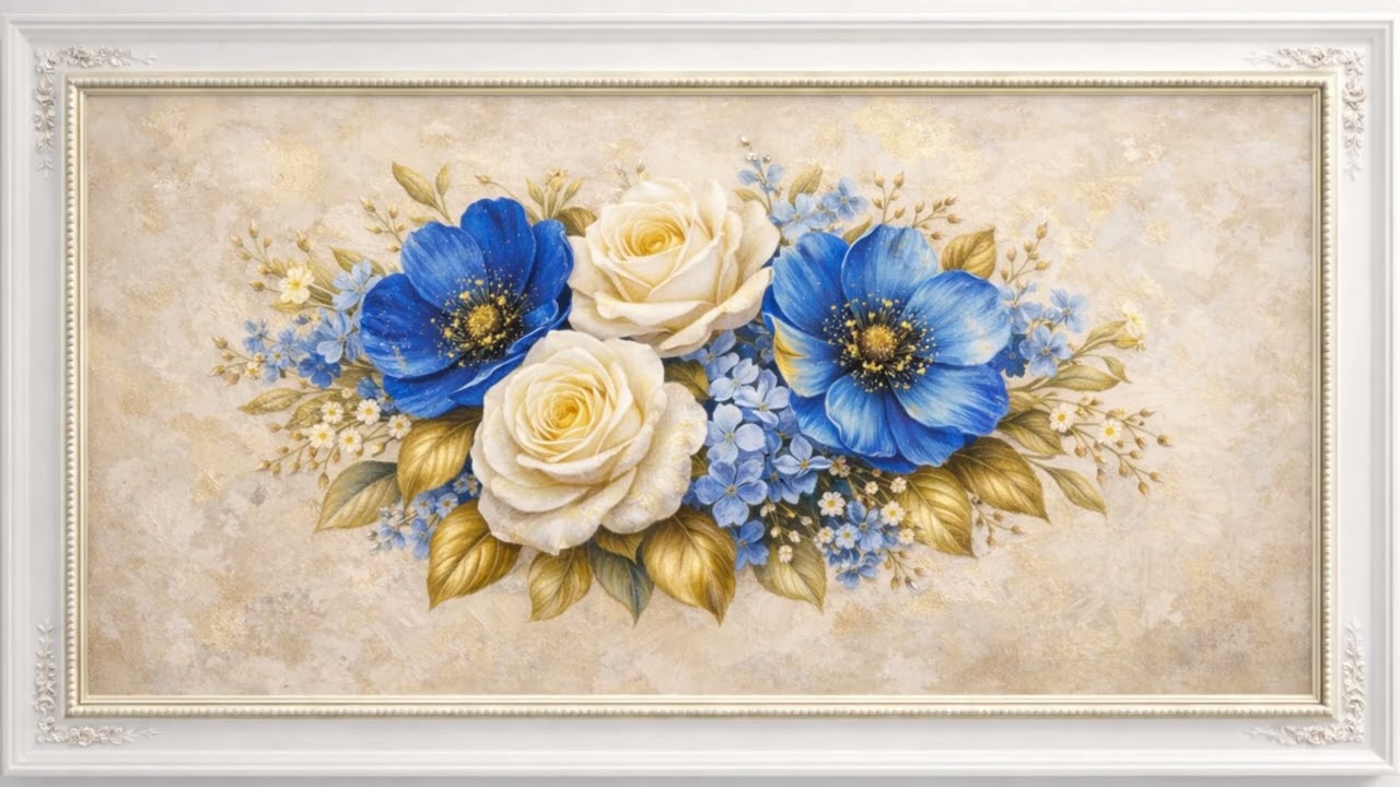 Elegant Blue & Cream Floral Wall Art | Luxury Classic Home Decor | 4K Idle TV Background