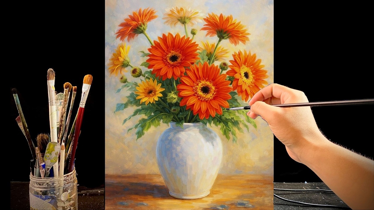 🎨 Painting Vibrant Orange Gerbera in White Vase | Warm Light Acrylic Still Life Tutorial | #173