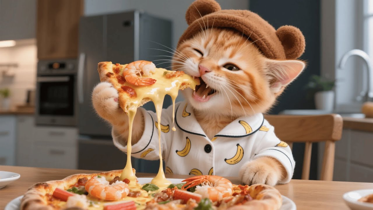 Ginger Kitten Loves Cheesy Dishes — Mama Cat Makes a Delicious Stretchy Cheese Pizza 🧀🐱