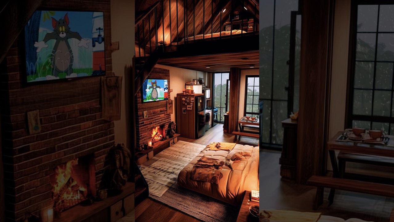Heavy Rain & Windstorm in Cozy Cave Cabin ❄️🔥 Deep Sleep, Healing Fireplace & Relaxing Ambience