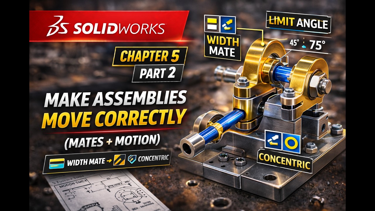 Make Assemblies Move Correctly in SolidWorks : Width Mate + Limit Angle + Concentric (Ch5 P2)