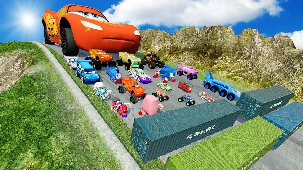 Big & Small Mcqueen, Pixar Car vs King Dinoco, Tow Mater vs CONTAINER DOWN OF DEATH - BeamNG.Drive